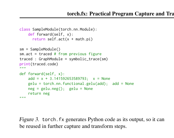 torch.fx code generation example showing transformed GraphModule reused in a new trace